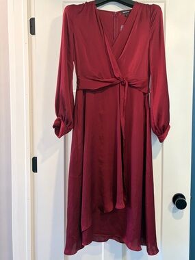 Express Burgundy Wrap Midi Dress with Tie Waist